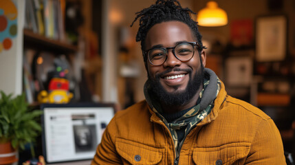 Naklejka premium Kindly black man smiling in cozy workspace