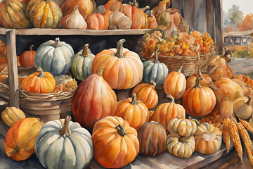 Rustic Autumn Harvest Display with Pumpkins and Gourds, A vibrant harvest scene showcasing pumpkins, gourds, and corn in a rustic setting, capturing the essence of autumn