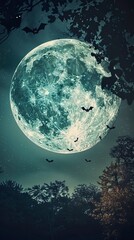 Fototapeta premium Background for halloween with a full moon with flying bats, Halloween elements, Happy Halloween