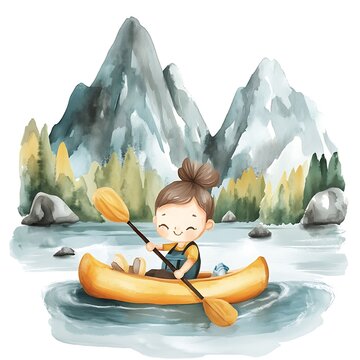 recommend clip art: Happy Girl Kayaking in a Watercolor Mountain Landscape.