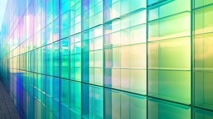 Fototapeta premium Chromatic Glass Facade: A mesmerizing architectural detail showcasing a vibrant, colorful glass wall with a captivating play of light and color.