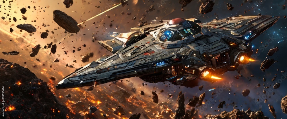 Aufkleber a sleek, high-tech spaceship weaves through a dense asteroid field while dodging laser fire in an in