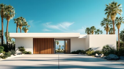 Mid-century modern house entrance with white walls, bright sunlight, wooden sliding gate, flat roof, palm trees, desert landscaping, minimalist architecture.