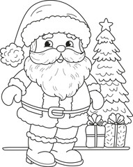Coloring page outline of cartoon smiling cute Santa Claus with Christmas three. Colorful vector illustration, winter coloring book for kids.