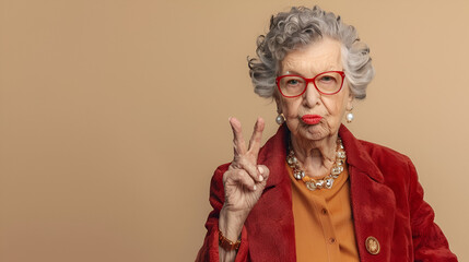 Funny stylish elderly grandmother portrait showing