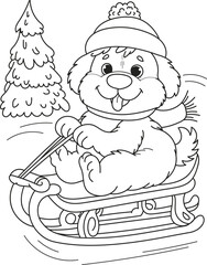 Coloring page outline of the cartoon smiling cute dog sledding. Colorful vector illustration, winters coloring book for kids.
