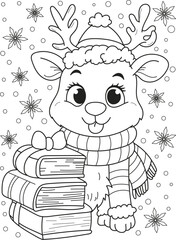 Coloring page outline of cartoon smiling cute christmas deer. Colorful vector illustration, winters coloring book for kids.