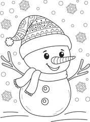 Coloring page outline of cartoon smiling cute christmas snowman. Colorful vector illustration, winters coloring book for kids.
