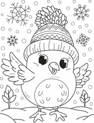 Coloring page outline of cartoon smiling cute little bird with snowflakes. Colorful vector illustration, winters coloring book for kids.