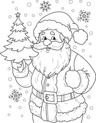 Coloring page outline of cartoon smiling cute Santa Claus with Christmas three. Colorful vector illustration, winter coloring book for kids.