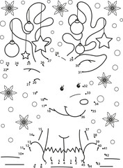 Connect the dots. Christmas deer. Coloring page outline of the cartoon numbers game. Colorful vector illustration of educational dot to dot game for preschool children, winters coloring book for kids.