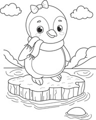 Coloring page outline of cartoon smiling cute christmas penguin. Colorful vector illustration, winter coloring book for kids.