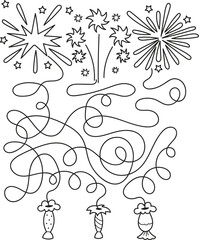Find the way to christmas fireworks. Coloring page outline of the cartoon labyrinth. Colorful vector illustration of educational maze game for preschool children, winters coloring book for kids.