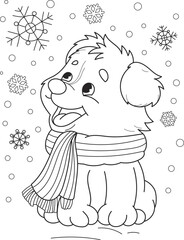 Coloring page outline of the cartoon smiling cute little dog with snowflakes. Colorful vector illustration, winters coloring book for kids.