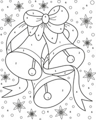 Coloring page outline of the cartoon christmas jingle bells. Colorful vector illustration of educational game for preschool children, winters coloring book for kids.