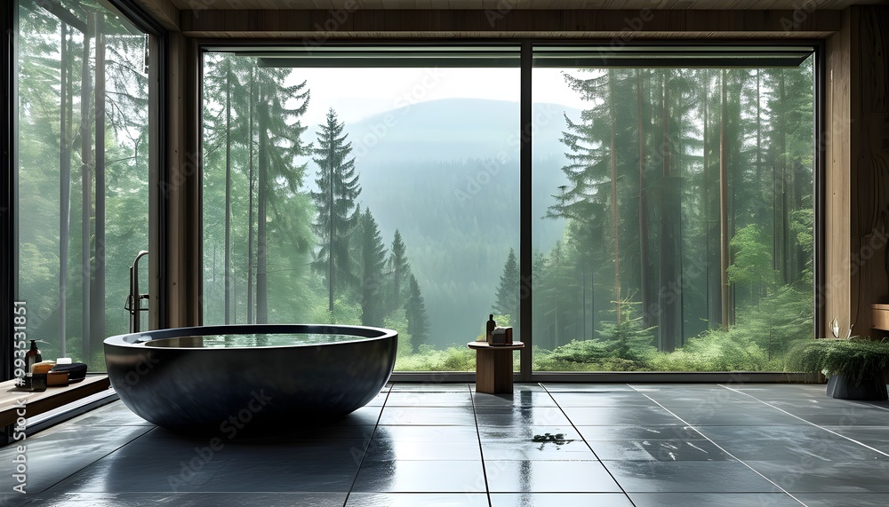 Wall mural tranquil bathroom featuring a spacious bathtub with stunning forest views