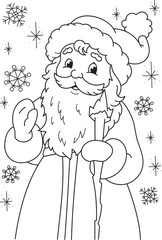 Coloring page outline of cartoon smiling cute Santa Claus at christmas. Colorful vector illustration, winters coloring book for kids.