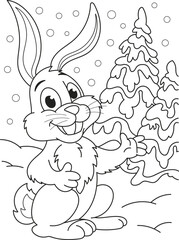 Coloring page outline of the cartoon smiling cute little rabbit. Colorful vector illustration, winters coloring book for kids.