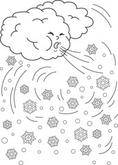 Coloring page outline of cartoon frosty cloud with snowflakes. Colorful vector illustration, winters coloring book for kids.