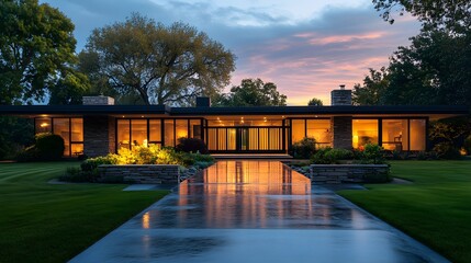 Obraz premium Mid-century modern ranch house with symmetrical design, large windows, warm interior lighting, stone wall, black metal gates, sunset glow, manicured lawn, architectural photography.