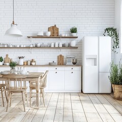 White scandinavian kitchen interior with dining room and wooden floor. Simply furniture with utensils, shelves with crockery and plants in pot, refrigerator in modern minimal design, empty space