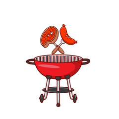 Round barbecue grill with steak. Bbq icon. Electric grill. Device for frying food. Vector illustration in flat style