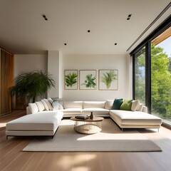 Modern minimalist living room with white sectional sofa, contemporary chairs, a coffee table