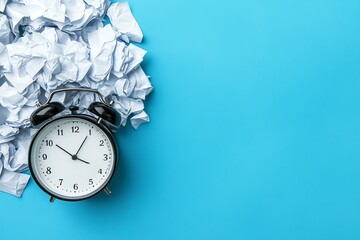 Vintage alarm clock with crumpled paper balls on a blue background, symbolizing time management and deadlines.
