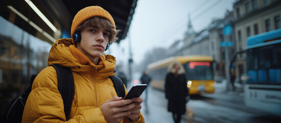 teenager with headphone waits at bus stop on foggy day