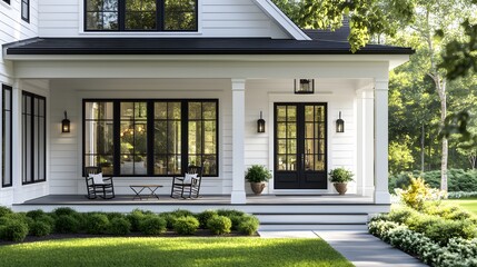 Obraz premium Modern farmhouse exterior with white siding, black windows and door, covered porch, rocking chair, glass paneled front door, lush green lawn, architectural photography.
