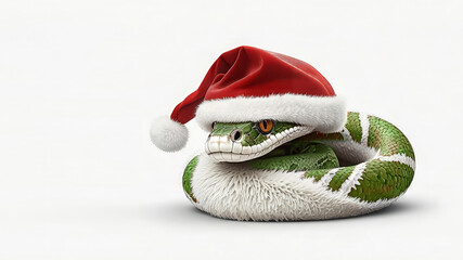 Green snake in a santa claus hat.