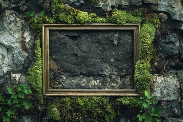 A moss-covered stone background with an antique brass frame, the empty middle creating a contrast with the organic texture 