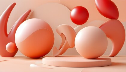 Dreamy abstract composition of 3D spheres and organic forms in soft peach fuzz hues