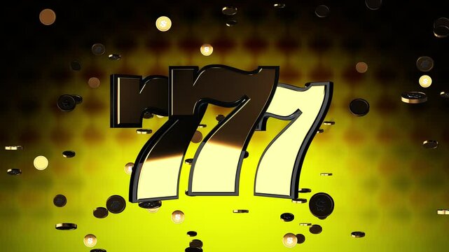 3D animation of Jackpot slots machine with flying coins and golden yellow shiny background. 777 jackpot symbol on slots.