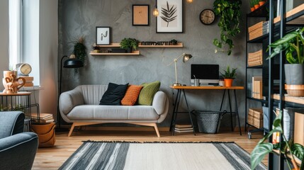 Minimalist and Cozy Home Office Setup in Stylish Living Room
