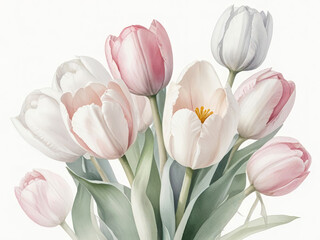 Bouquet of watercolor white pink tulips on a white sheet. Beautiful flowers.