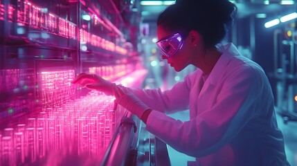 Female scientist in a pharmaceutical factory, surrounded by holographic medical data while inspecting vials on a conveyor belt, vibrant neon colors, Cyberpunk, High-tech