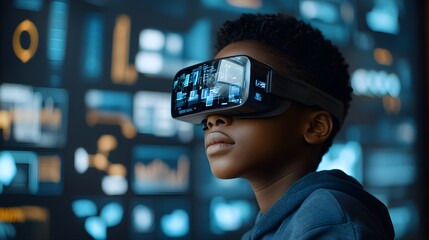 Futuristic classroom setting, Black student reviewing augmented reality data, focusing on cybersecurity warnings, artificial intelligence, and personal privacy issues