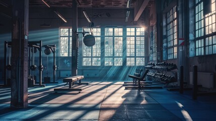 Sun rays coming through the clean and transparent gym windows creating shadows in an empty modern fitness room interior full of weights