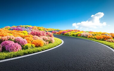 Curved road surrounded by colorful flowers