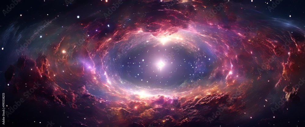 Poster a vivid cosmic scene featuring a glowing nebula enveloping a bright star, surrounded by colorful gas
