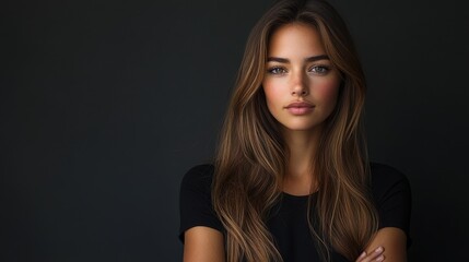 Fototapeta premium Front-Facing Portrait of Woman with Long Straight Brown Hair in Motion