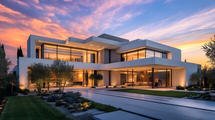 Obraz premium Modern luxury villa with contemporary architecture, white exterior, large windows, flat roof, warm interior lighting, manicured lawn, desert landscaping, twilight ambiance.