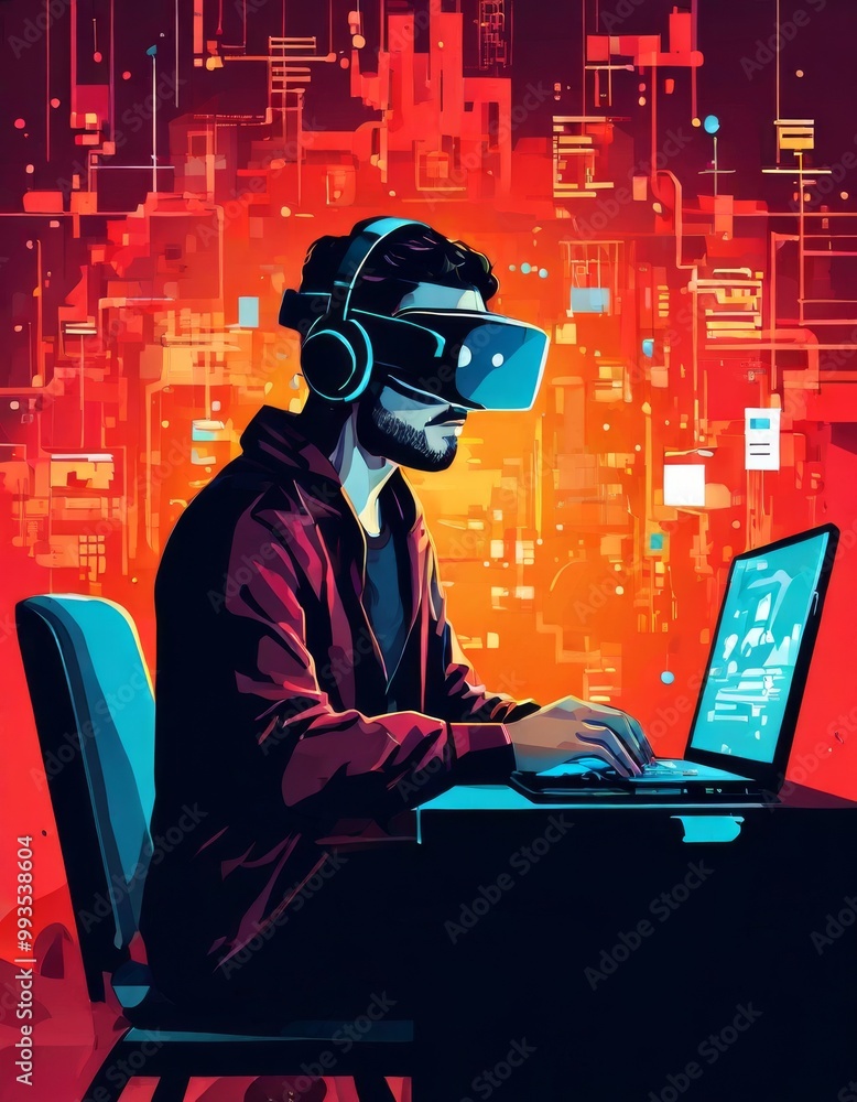 Poster a man wearing a virtual reality headset immersed in a digital environment, using a laptop. the backg