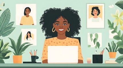Fototapeta premium Happy African American woman working from home, surrounded by greenery and modern gadgets, participating in a diverse video call with virtual avatars of colleagues, [cyberpunk], [vivid colors], [water