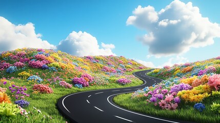 Winding road through colorful flower fields
