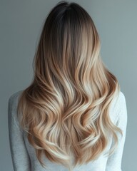 Fototapeta premium Back View of Woman with Ombré Hair from Dark Brown to Blonde