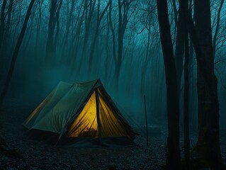 tourist tent in the middle of a mystical night forest