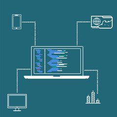 Developer concept, programming and coding. Laptop with virtual screens on green background.