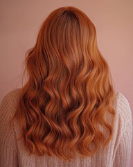 Naklejka premium Woman Running Fingers Through Wavy Red Hair Against Pastel Pink Background